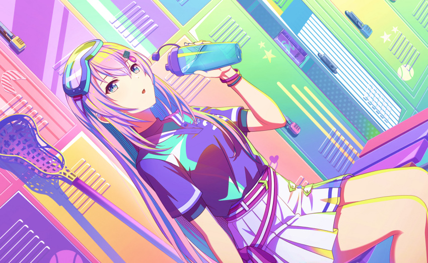 1girl, 25-ji_luka, black_shirt, blue_eyes, bottle, colorful_palette, game_cg, goggles