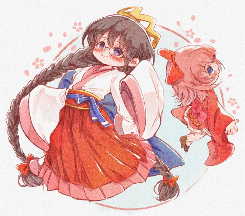 2girls, back_bow, blue_eyes, blush, bow, brown_hair, closed_mouth, commentary_request