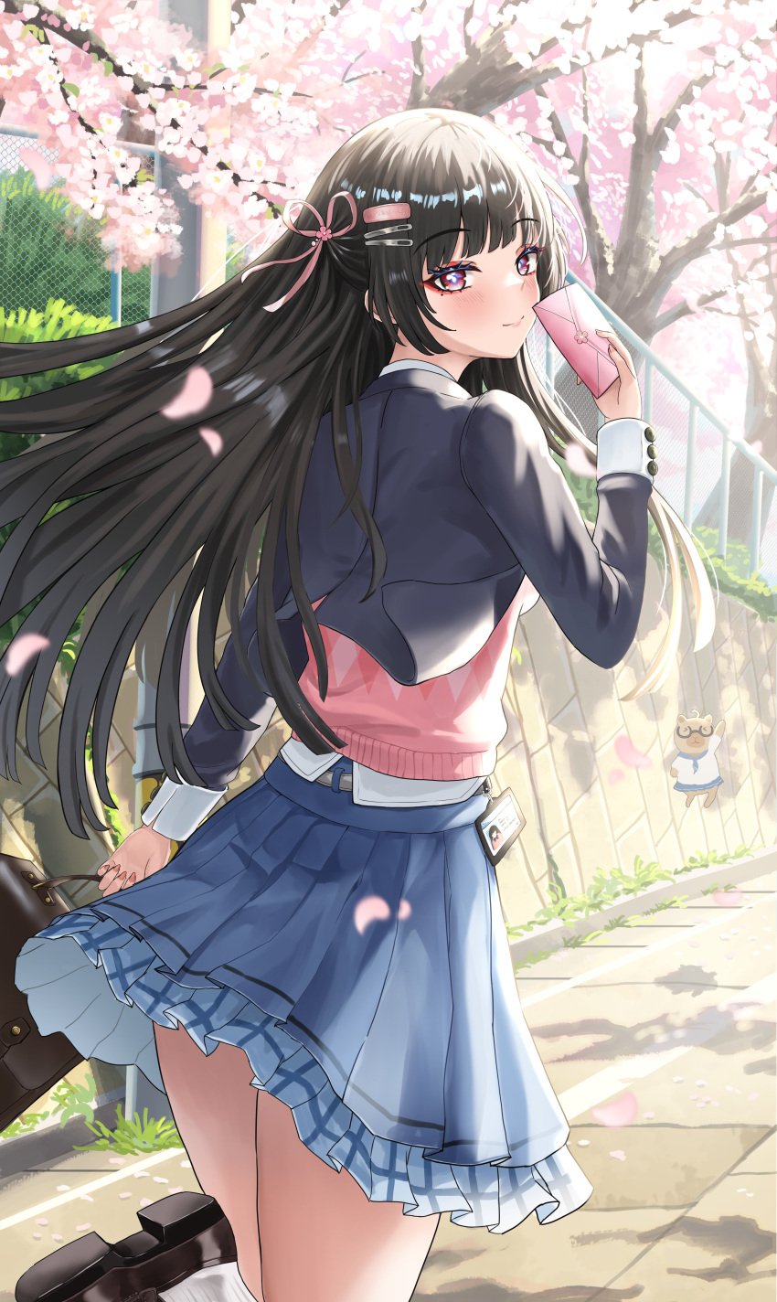 1girl, absurdres, ayloss, black_hair, black_jacket, blue_skirt, blush, chisa_(wuthering_waves)