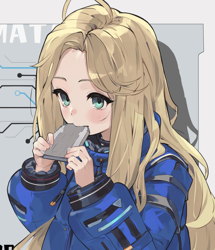 1girl, ahoge, blonde_hair, blue_eyes, blush, child, coat, colored_eyebrows