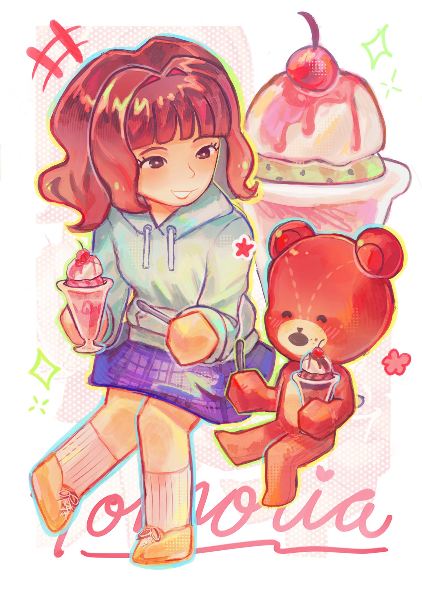 +++, 1girl, bear, blue_hoodie, blue_skirt, blunt_bangs, blush, brown_eyes