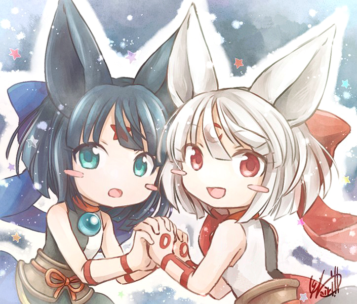 2girls, animal_ears, black_dress, black_hair, blue_bow, blue_dress, blush_stickers, body_markings, bow, brown_corset, choker, commentary_request, corset, dress, emil_chronicle_online, facial_mark, green_eyes, hair_bow, holding_hands, looking_at_viewer, multicolored_dress, multiple_girls, open_mouth, red_bow, red_choker, red_eyes, ribbon_choker, rq_note, shugoma_ruu, shugoma_uru, sleeveless, sleeveless_dress, star_(symbol), star_symbol_background, white_dress, white_hair
