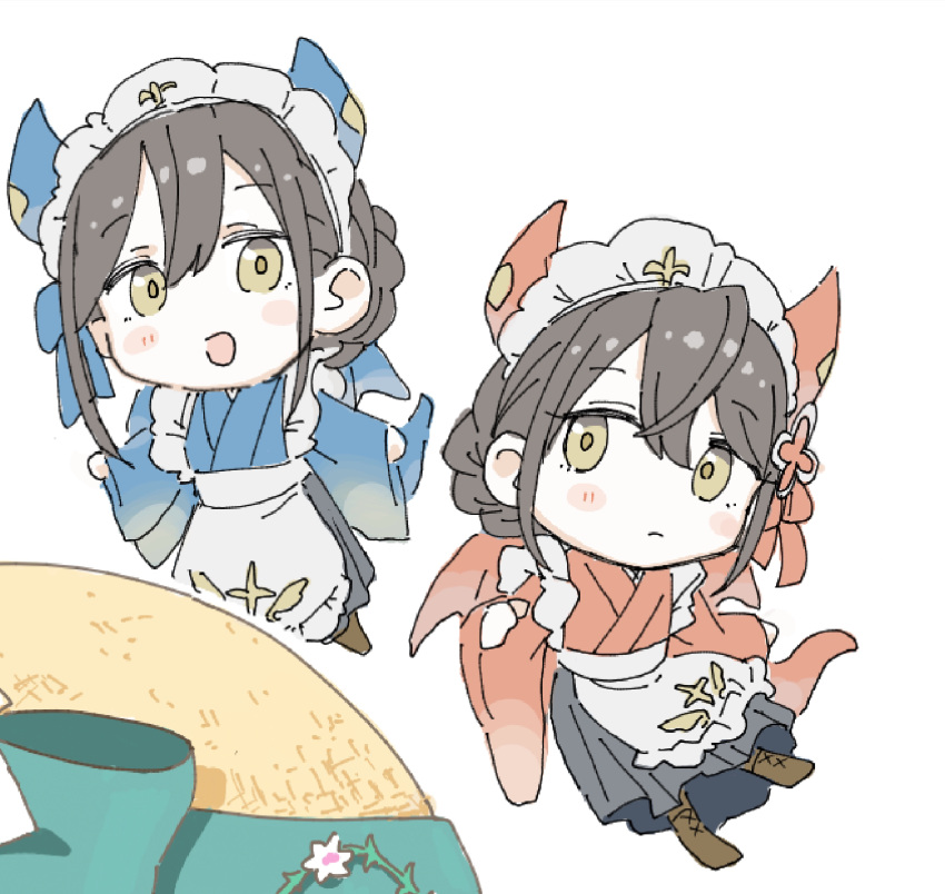 1girl, 2girls, apron, black_hair, blue_kimono, blush, blush_stickers, braid
