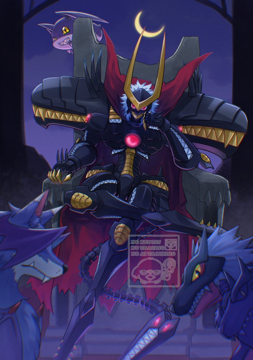 armor, black_armor, cape, cerberumon, commentary, crescent_moon, crossed_legs, digimon