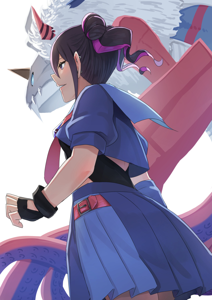 absurdres, black_hair, blue_jacket, blue_skirt, commentary_request, cowboy_shot, cropped_jacket, digimon