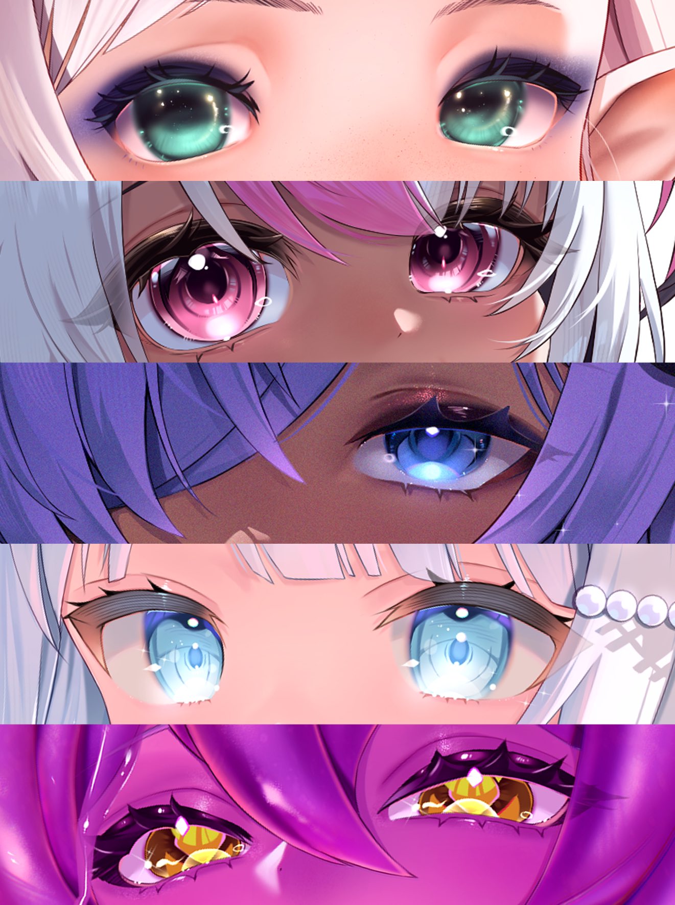 5girls, black_hair, blue_eyes, blue_eyeshadow, blue_pupils, colored_skin, column_lineup, commentary_request