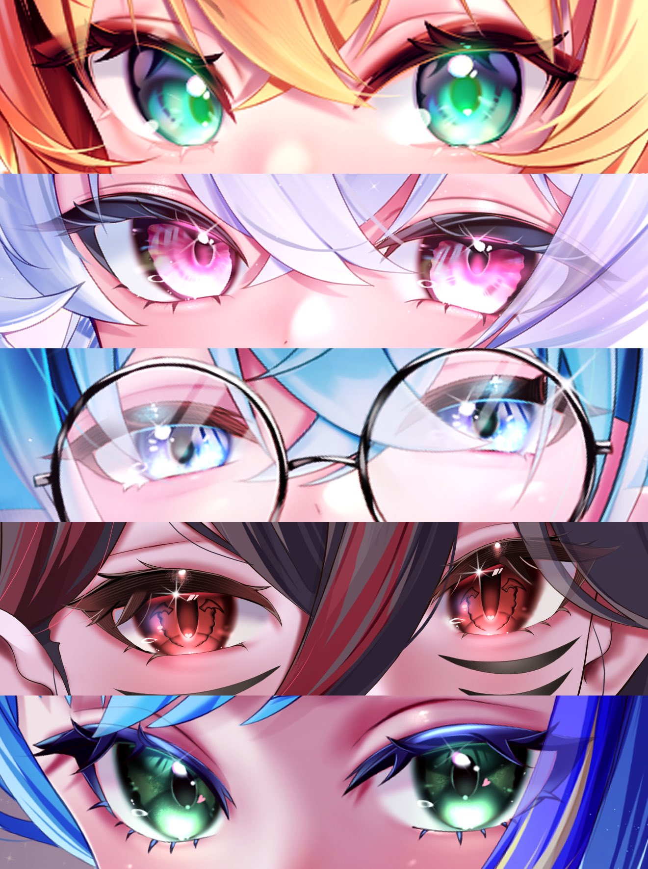 1boy, 4girls, black_hair, blue_eyes, blue_hair, character_request, column_lineup, commentary_request
