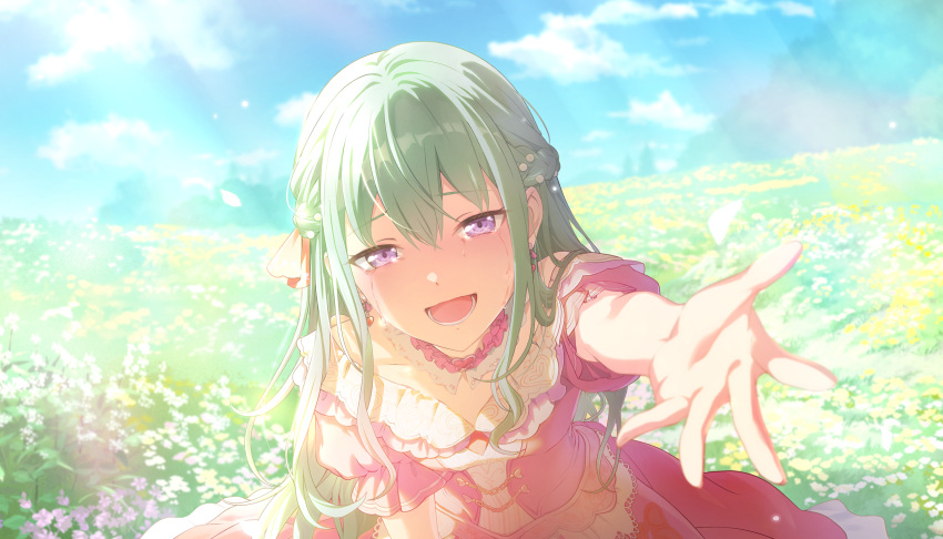 1girl, blue_sky, braid, breasts, brooch, choker, choukoku_no_protagonist_(project_sekai), clouds, colorful_palette, crying, crying_with_eyes_open, day, dot_nose, double-parted_bangs, dress, falling_petals, field, flower, frilled_choker, frilled_dress, frilled_sleeves, frills, furrowed_brow, game_cg, gem, green_eyes, hair_between_eyes, hair_ribbon, half_up_braid, happy_tears, heart, heart_brooch, highres, jewelry, kusanagi_nene, long_hair, looking_at_viewer, lower_teeth_only, official_alternate_costume, official_alternate_hairstyle, official_art, open_mouth, orange_ribbon, outdoors, pastel_colors, pearl_(gemstone), pearl_hair_ornament, petals, pink_choker, pink_dress, portrait, project_sekai, purple_flower, reaching, reaching_towards_viewer, ribbon, short_hair, sidelocks, sitting, sky, small_breasts, solo, tears, teeth, third-party_source, tongue, upper_body, violet_eyes, white_choker, white_dress, white_flower, white_petals