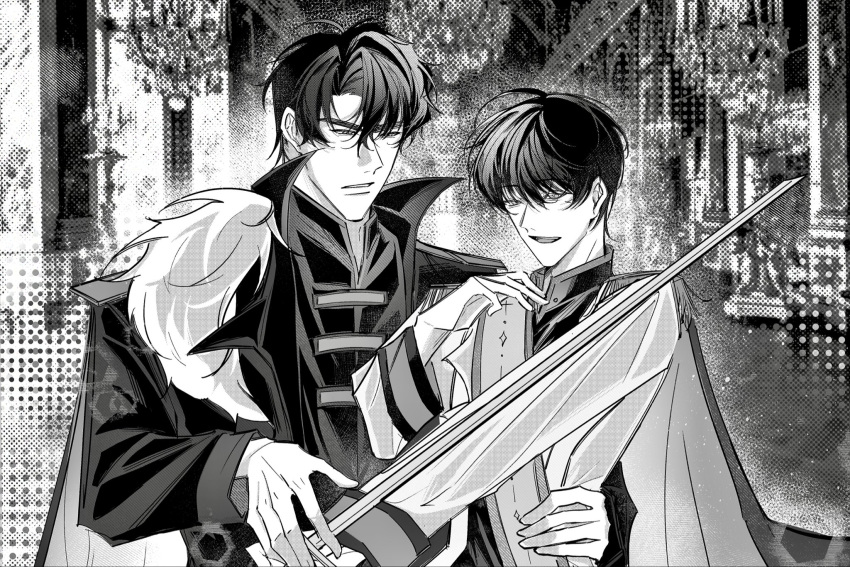2boys, collared_shirt, column, commentary, curtained_hair, feather_boa, greyscale, grin