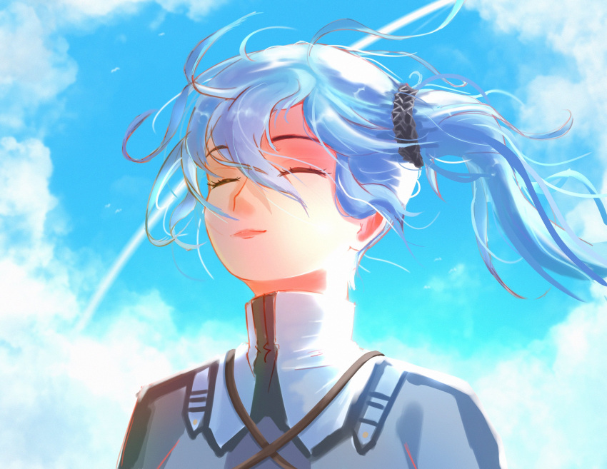 1girl, absurdres, blue_hair, blue_sky, claire_rieveldt, closed_mouth, clouds, contrail