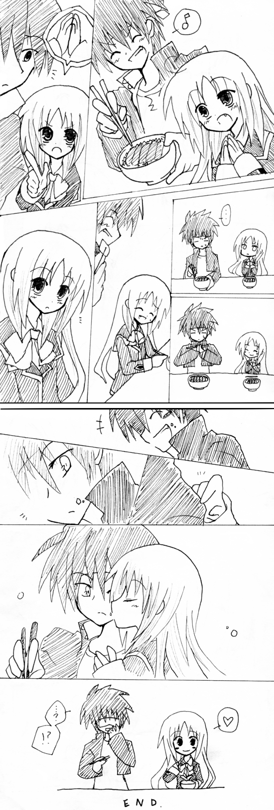 1girl, chopsticks, comic, highres, inohara_masato, katsudon, katsudon_(food), little_busters!!