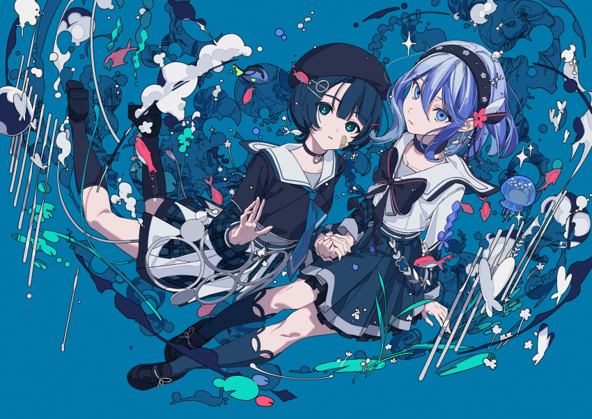 2girls, absurdres, bandaid, bandaid_on_face, blue_eyes, blue_hair, bug, butterfly