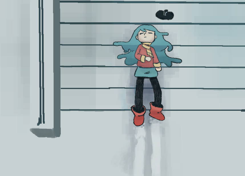 1girl, black_pantyhose, blade_runner_(series), blade_runner_2049, blue_hair, blue_skirt, boots, closed_eyes