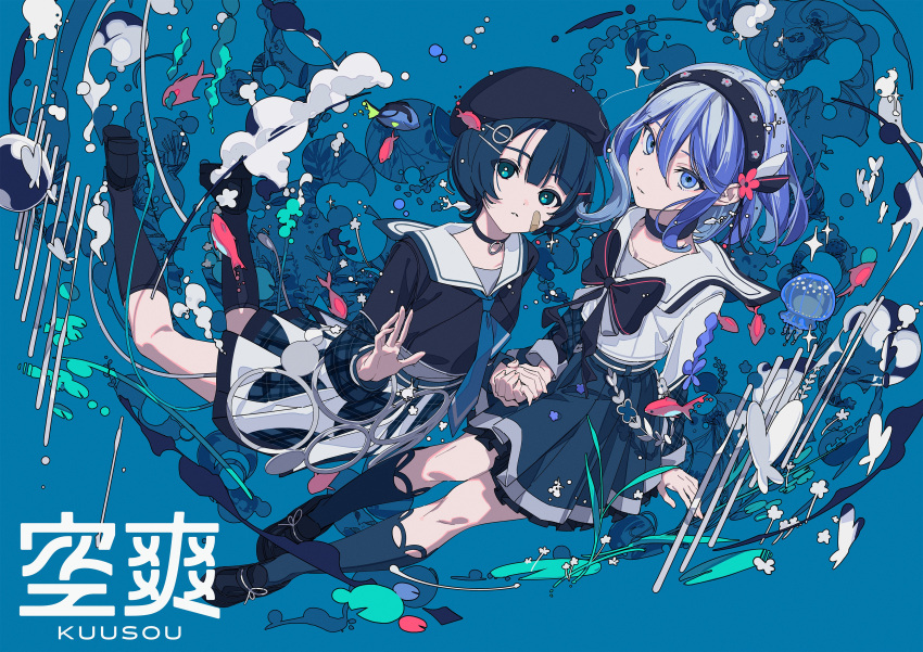 2girls, absurdres, bandaid, bandaid_on_face, blue_eyes, blue_hair, bug, butterfly