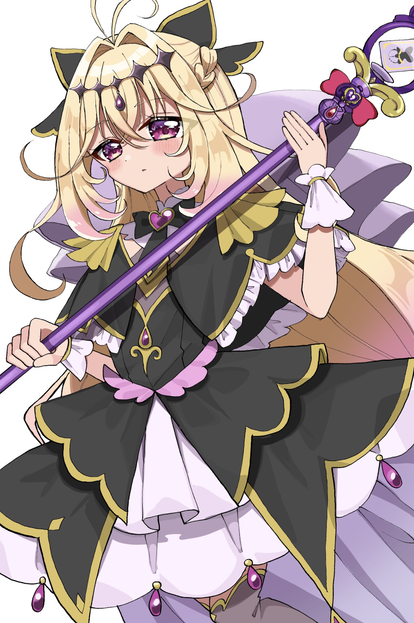 1girl, absurdres, antenna_hair, black_bow, black_dress, black_necktie, blonde_hair, blush