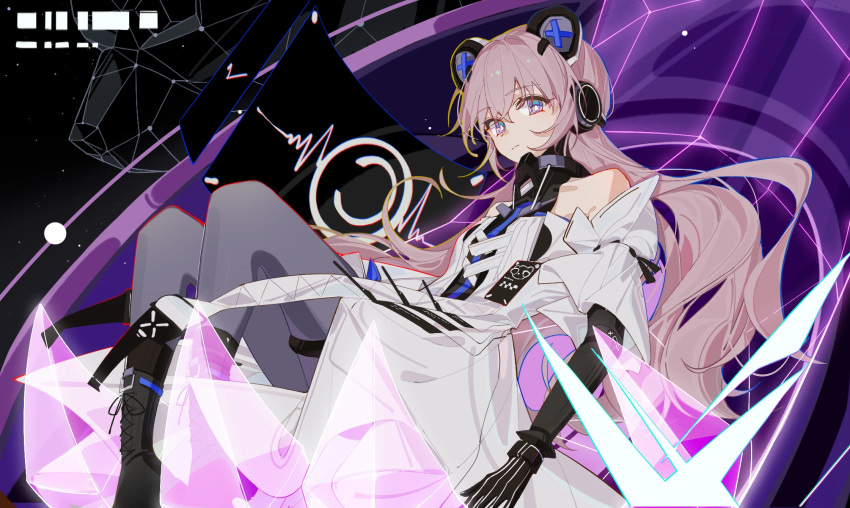 1girl, abstract_background, animal_ears, bare_shoulders, bear_ears, black_gloves, black_shoes, boots