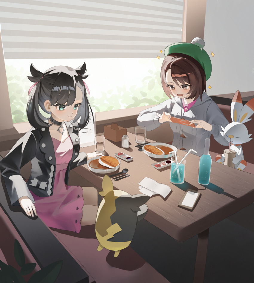 2girls, absurdres, black_hair, black_jacket, bottle, bowl, cardigan, closed_mouth