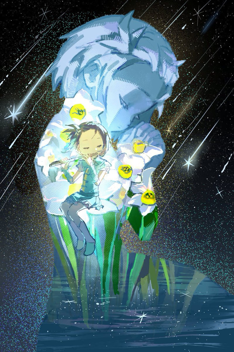 1girl, aqua_dress, brown_hair, child, closed_eyes, commentary_request, dress, figure_skating_dress, flower, flute, highres, instrument, medalist_(manga), meteor_shower, multiple_views, music, night, playing_flute, playing_instrument, praying, shooting_star, short_hair, sitting, sky, space, star_(sky), starry_sky, white_flower, yuitsuka_inori, yukiescape