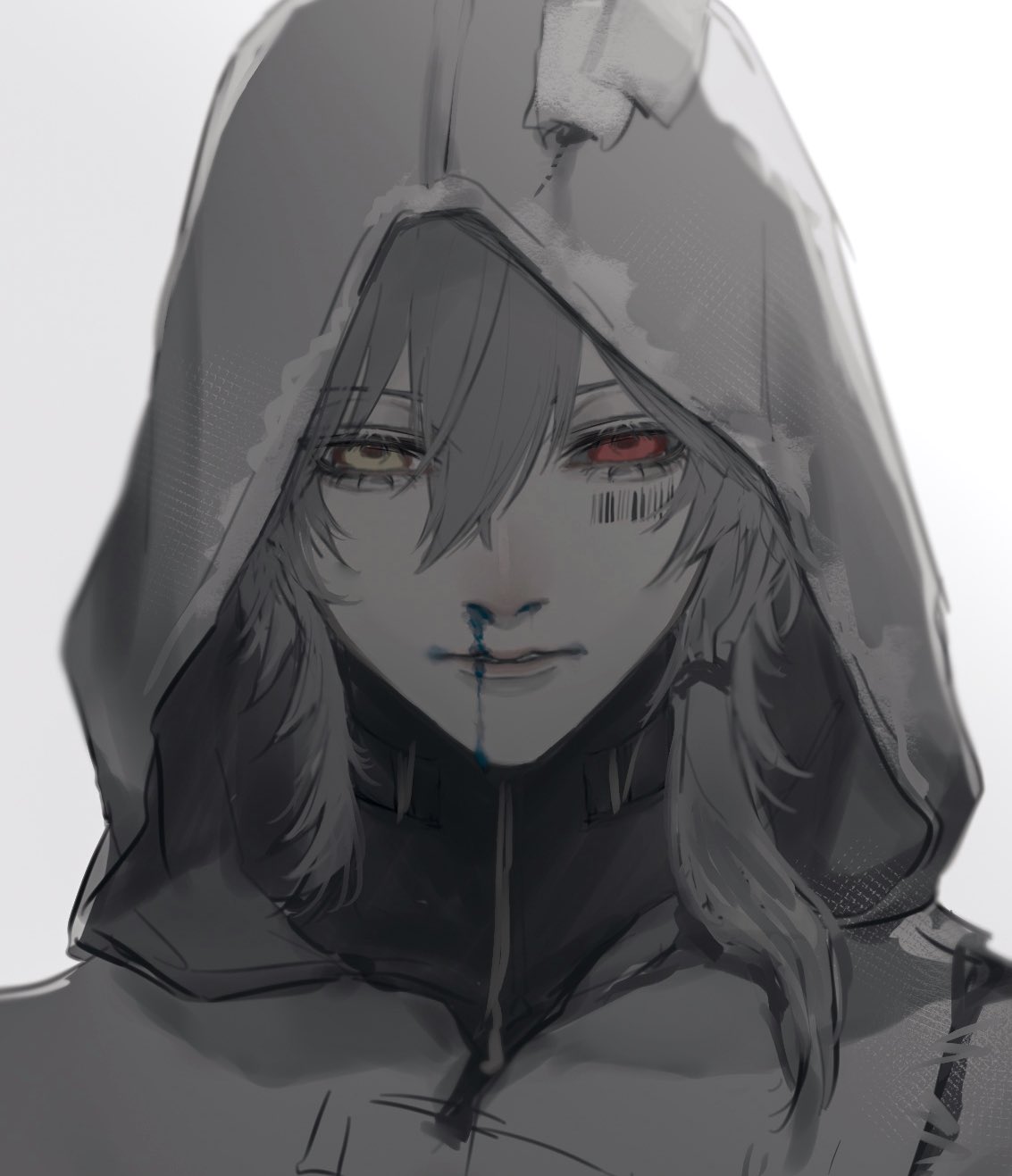 1boy, barcode, barcode_tattoo, blood, blue_blood, cloak, facial_tattoo, gi_ra1