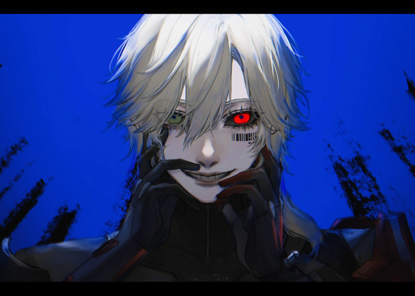 1boy, barcode, barcode_tattoo, black_border, black_sclera, blue_background, border, colored_sclera