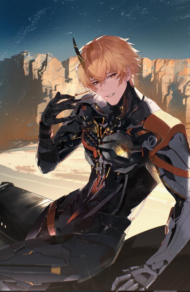 1boy, blonde_hair, canyon, colored_eyelashes, commentary_request, fang, hair_between_eyes, hand_up
