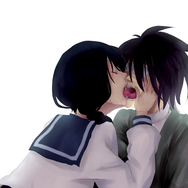 1girl, bandage, bandages, black_hair, french_kiss, hand_on_another's_cheek, hand_on_another's_face, hyuuga_toki, itoshiki_nozomu, japanese_clothes, kimono, kiss, kobushi_abiru, sayonara_zetsubou_sensei, school_uniform, serafuku, teacher, tongue, yukata