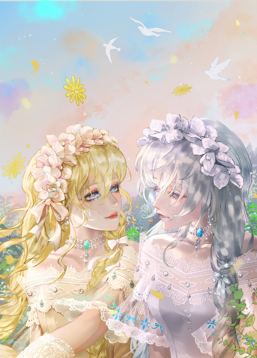 2girls, absurdres, adapted_costume, amber_(path_to_nowhere), bare_shoulders, bird, blonde_hair, blue_eyes