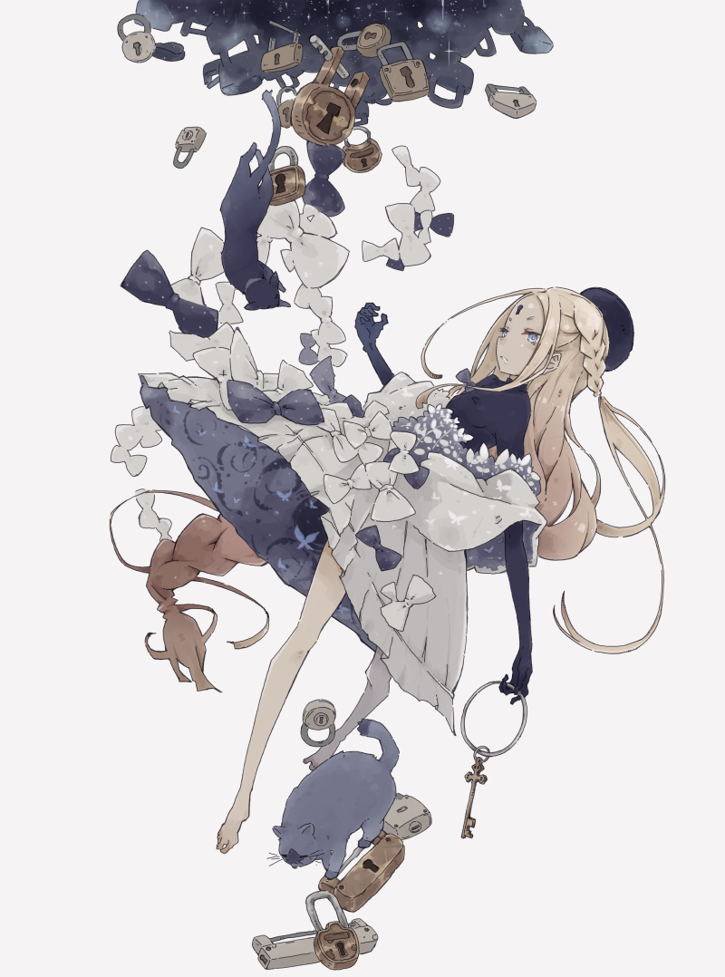 1girl, abigail_williams_(event_portrait)_(fate), abigail_williams_(fate), barefoot, black_bodystocking, blonde_hair, blue_eyes, bodystocking, braid, cat, dress, falling, fate/grand_order, fate_(series), full_body, key, keyhole, kona_(konahana), lock, long_hair, luthar_(fate), padlock