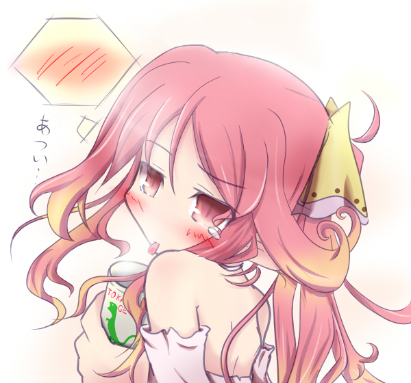 bow, drink, garnet_(shukufuku_no_campanella), hair_bow, icefloe, off_shoulder, pointy_ears, ponytail