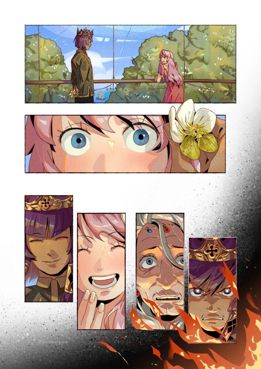1boy, 2girls, :d, ^_^, absurdres, angry, anoldwishbone, blue_eyes, blush, circlet, closed_eyes, closed_mouth, crown, dress, fingernails, fire, flowdia, flower, gutrune, happy, highres, jacket, long_hair, multiple_girls, old, old_woman, open_mouth, outdoors, pink_hair, purple_hair, red_dress, sekaiju_no_meikyuu, sekaiju_no_meikyuu_3, seyfried, ship, sky, smile, tree, watercraft, yellow_flower