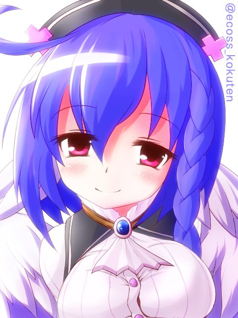 1girl, ahoge, black_collar, black_hat, blue_hair, braid, breasts, collar, commentary_request, ecoss_kokuten, emil_chronicle_online, hat, head_wings, large_breasts, nurse_cap, portrait, shirt, shugoma_ran, smile, solo, twitter_username, violet_eyes, white_background, white_shirt, white_wings, wings
