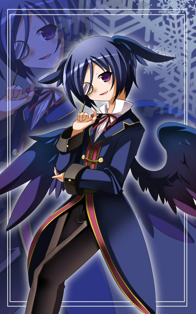 1boy, black_wings, blue_background, blue_hair, blue_jacket, brown_pants, commentary_request, emil_chronicle_online