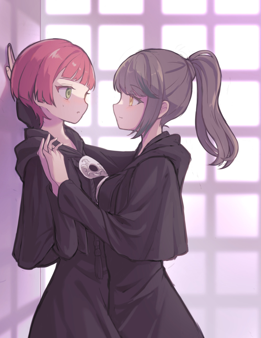 2girls, absurdres, agdistis_(ff14), black_capelet, black_robe, blunt_bangs, bob_cut, brown_hair