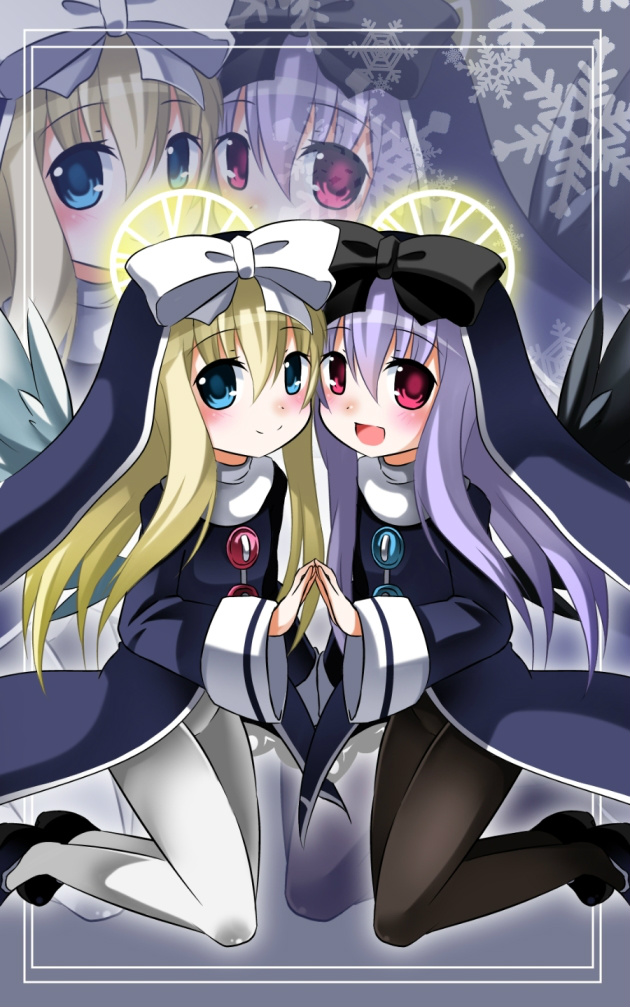 2girls, black_pantyhose, black_wings, blonde_hair, blue_eyes, blue_hat, commentary_request, emil_chronicle_online