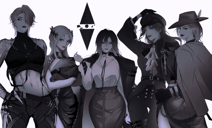 5girls, arima00001, arm_up, augustus_(path_to_nowhere), black_lips, commentary_request, cowboy_shot, crossed_arms
