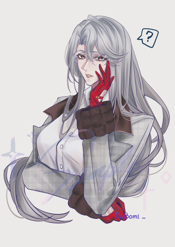 1girl, ?, arm_under_breasts, collared_shirt, commentary_request, cropped_torso, glasses, gloves