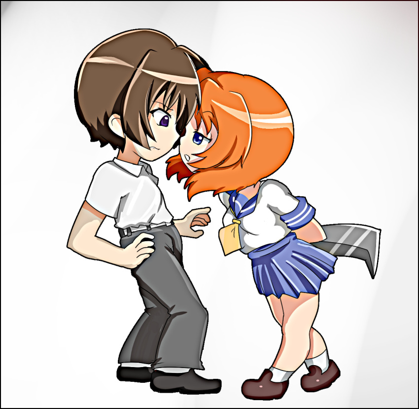 1boy, 1girl, arms_behind_back, black_shoes, blue_eyes, blue_sailor_collar, blue_skirt, brown_hair, brown_shoes, chibi, eye_contact, face-to-face, grey_pants, highres, higurashi_no_naku_koro_ni, holding, holding_weapon, kartstry7, looking_at_another, maebara_keiichi, nata_(tool), neckerchief, orange_hair, pants, ryuuguu_rena, sailor_collar, school_uniform, serafuku, shirt, shoes, short_hair, simple_background, skirt, socks, violet_eyes, weapon, white_background, white_shirt, white_socks, yellow_neckerchief