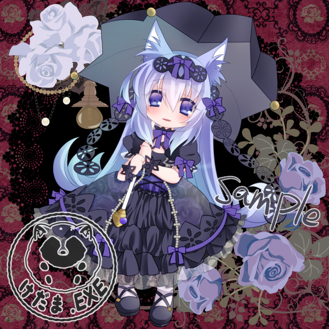 1girl, animal_ears, black_dress, black_hairband, black_shoes, black_umbrella, blue_bow, blue_bowtie
