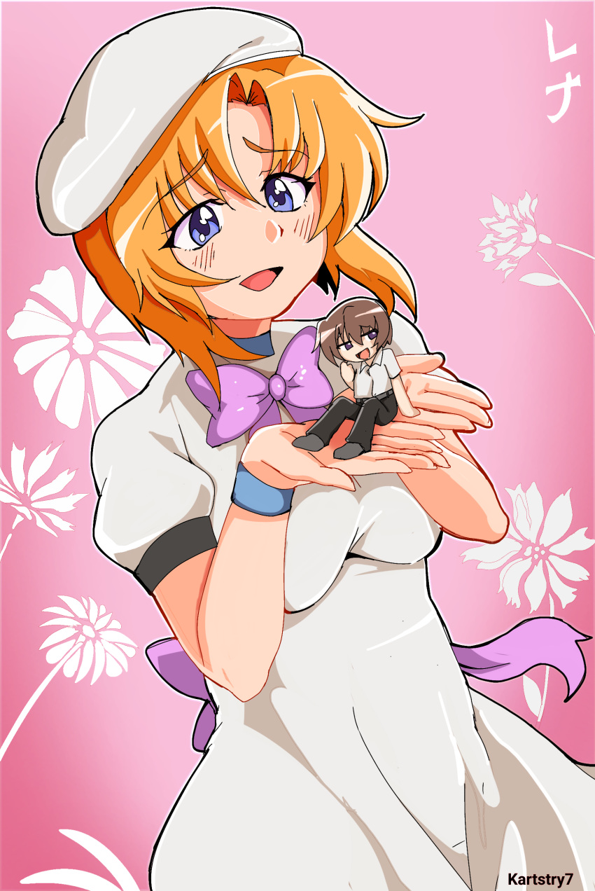 1boy, 1girl, absurdres, artist_name, black_pants, blue_eyes, blush, bow