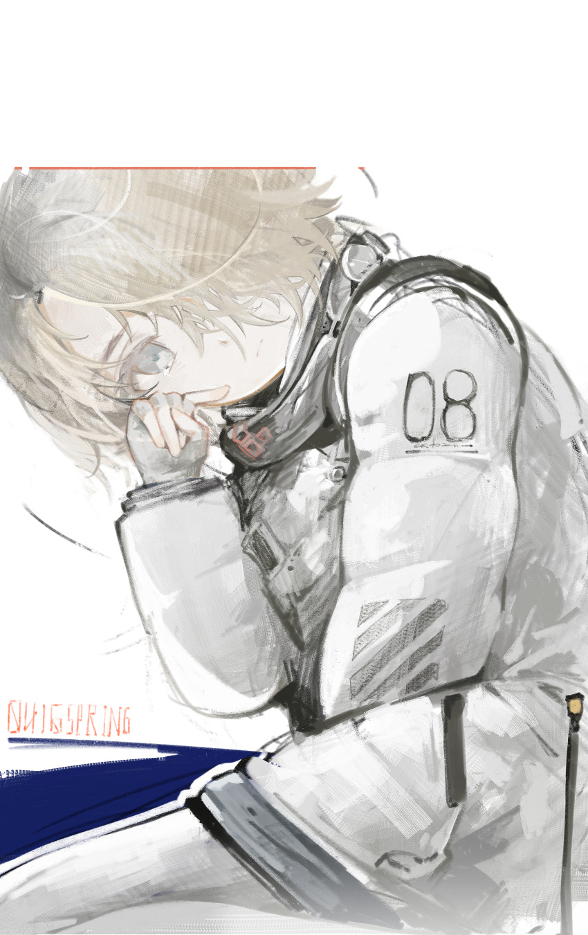 1girl, absurdres, blonde_hair, closed_mouth, coat, commentary_request, d1nivi, eight_(pragmata)