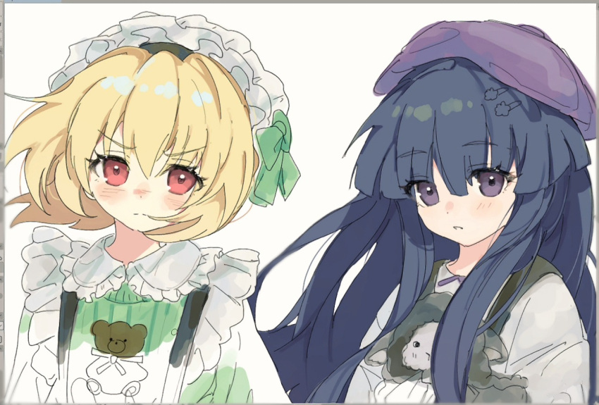 2girls, alternate_costume, animal_print, bear_print, beret, blonde_hair, blue_hair, blunt_bangs