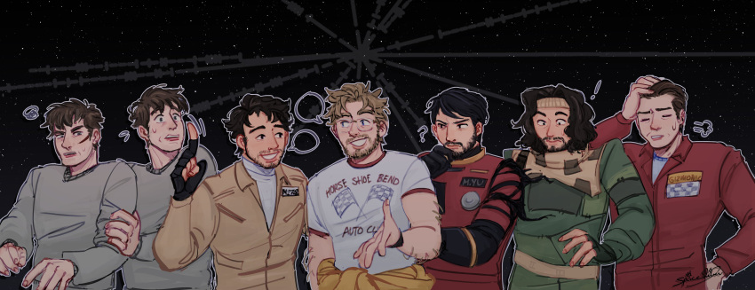 6+boys, absurdres, black_hair, blank_speech_bubble, blonde_hair, character_request, clothes_around_waist, copyright_request, cowboy_shot, crossover, glasses, grey_shirt, hand_on_own_head, hand_on_own_hip, headband, highres, iron_lung_(movie), jacket, jacket_around_waist, looking_at_another, male_focus, mickey_17_(movie), multiple_boys, prey_(2017), print_shirt, project_hail_mary, ryland_grace, shirt, short_hair, simon_(iron_lung), sky, sp8cequeen, space, spacesuit, speech_bubble, star_(sky), starry_sky, t-shirt, talking, trait_connection, tunic, wavy_hair, white_shirt