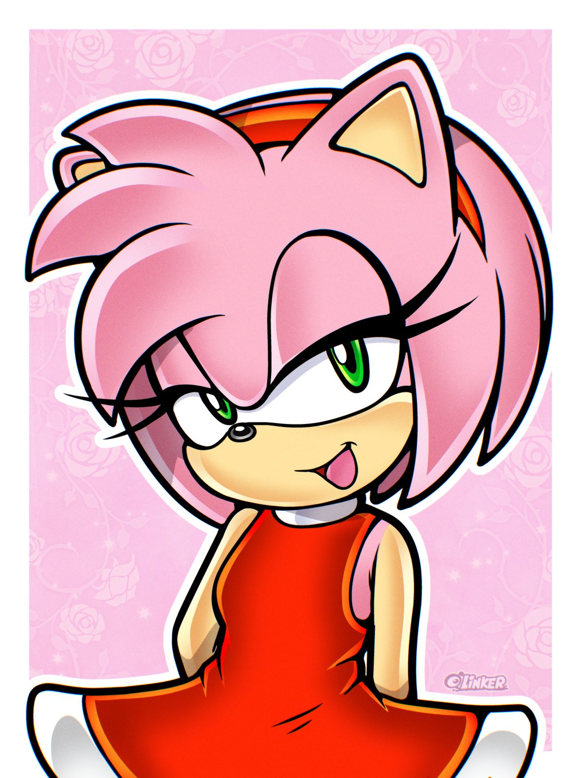 1girl, :d, amy_rose, animal_ears, animal_nose, arms_behind_back, artist_name, bare_shoulders