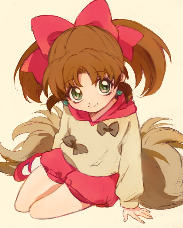 1girl, akiyama_enma, bow, brown_hair, commentary_request, earrings, green_eyes, hair_bow