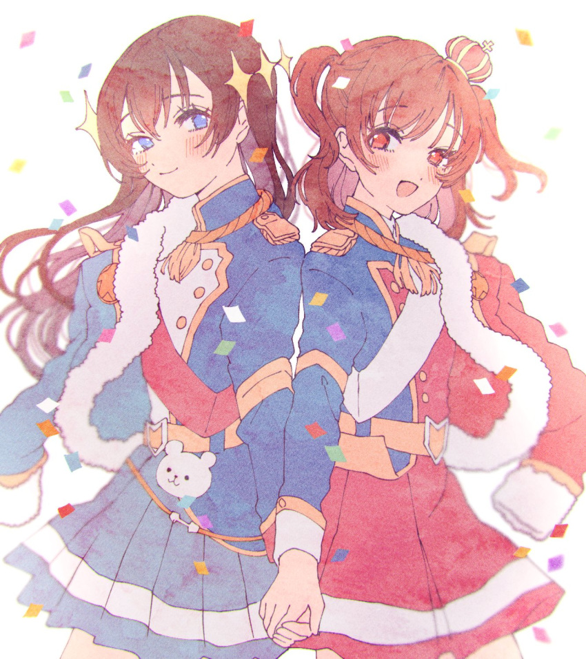 2girls, :d, aiguillette, aijo_karen, arm_at_side, back-to-back, bad_id, bad_twitter_id