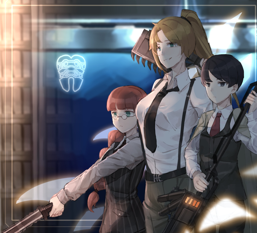 3girls, belt, black_hair, black_necktie, blue_eyes, braid, brown_hair, chinese_commentary