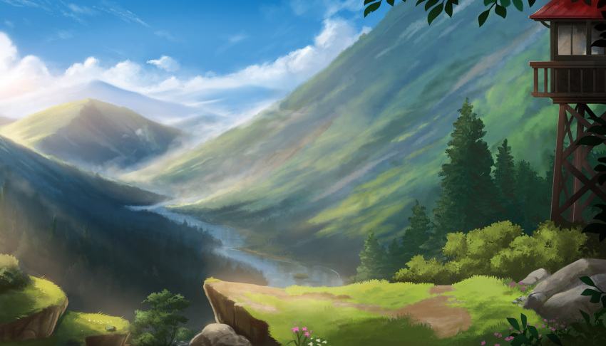 bush, clouds, commentary, english_commentary, flower, grass, highres, mountain