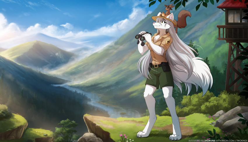 1girl, :3, acorn_print, animal_ears, animal_feet, animal_nose, animal_on_head, artist_collaboration, barefoot, belt, belt_pouch, binoculars, breasts, brown_shirt, bush, claws, clouds, commentary, digitigrade, english_commentary, flower, fluffy_tail, from_side, full_body, furry, furry_and_animal, furry_female, grass, green_shorts, hat, highres, holding, holding_binoculars, long_hair, medium_breasts, mountain, mrs._nibbly, narikusha, nature, official_art, on_head, outdoors, park_ranger, pouch, raine_silverlock, river, rock, scenery, shirt, short_sleeves, shorts, sky, snout, solo, squirrel, tail, tom_fischbach, tree, twokinds, water, white_fur, white_hair, wolf_ears, wolf_girl, wolf_tail, yellow_eyes, yellow_hat