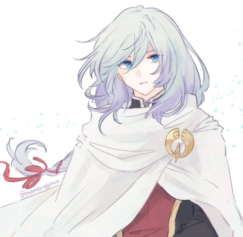 1boy, artist_name, bishounen, blue_eyes, cape, commentary_request, eyelashes, hair_between_eyes