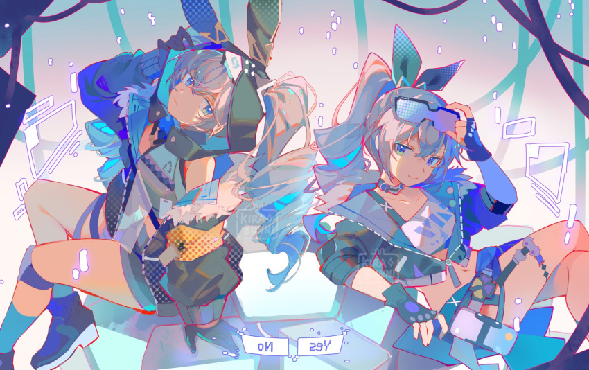 2girls, animal_ears, asumi_kana, black_gloves, black_jacket, blue-tinted_eyewear, blue_eyes, blue_hair, bronya_zaychik, bronya_zaychik_(haxxor_bunny), commentary, drill_hair, english_commentary, eyewear_on_head, gloves, grey_hair, hanser_(vtuber), highres, honkai:_star_rail, honkai_(series), honkai_impact_3rd, hood, hood_up, jacket, kirabunni, multicolored_hair, multiple_girls, ponytail, rabbit_ears, silver_wolf_(honkai:_star_rail), sunglasses, tinted_eyewear, twintails, two-tone_hair, voice_actor_connection